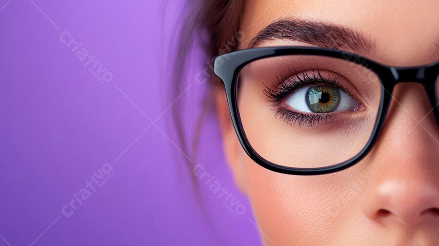 Foto Olho Feminino com Óculos Fundo Roxo Close-up