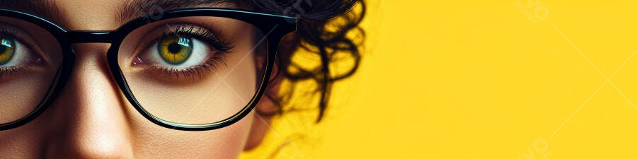 Foto Olhos Verdes Mulher Óculos Fundo Amarelo Close-up