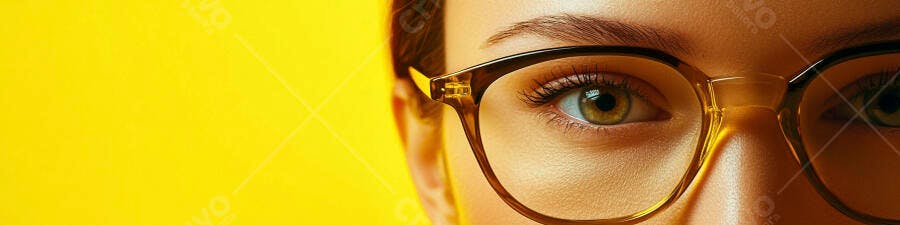 Foto Close-up Olhos Mulher Óculos Fundo Amarelo