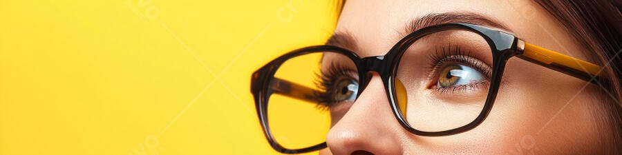 Foto Mulher Olhando Óculos Fundo Amarelo Brilhante