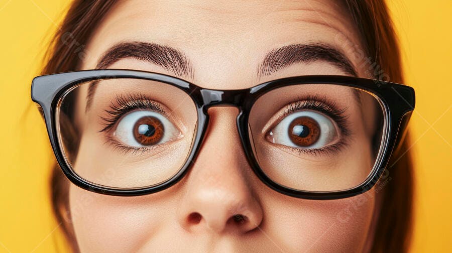 Foto Mulher Olhos Arregalados Óculos Fundo Amarelo