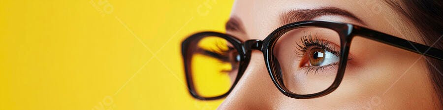 Foto Olho Feminino Usando Óculos Fundo Amarelo Brilhante