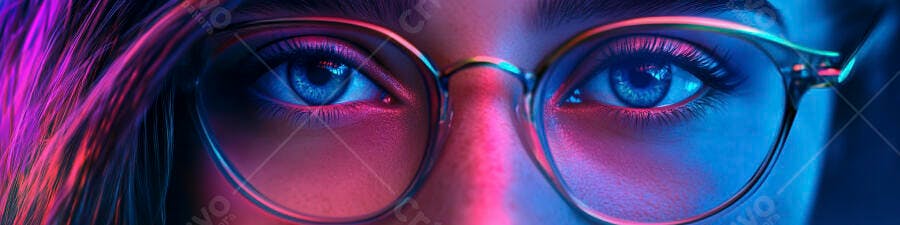 Foto Mulher Olhos Azuis Óculos Iluminação Neon Roxo Azul