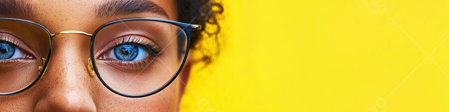Olhos Azuis Mulher Negra Óculos Fundo Amarelo Vibrante