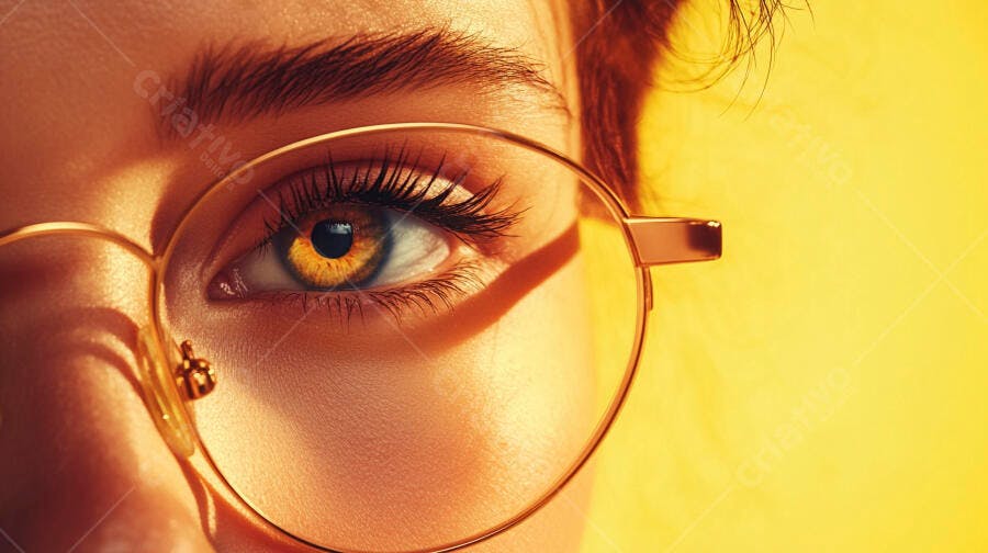 Foto Olho Feminino com Óculos Redondos Iluminação Dourada Close-up