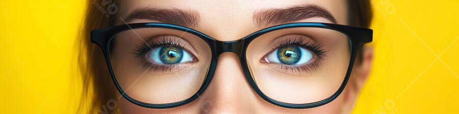 Foto Olhos Azuis Mulher Óculos Fundo Amarelo Estúdio