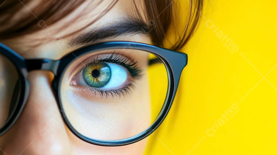 Foto Olho Verde Mulher Óculos Fundo Amarelo Estúdio