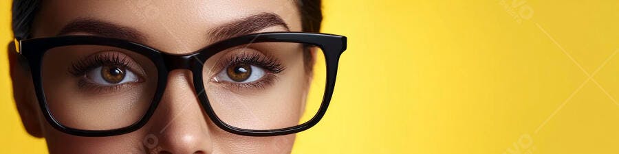 Foto Mulher Olhos Castanhos Óculos Fundo Amarelo Estúdio
