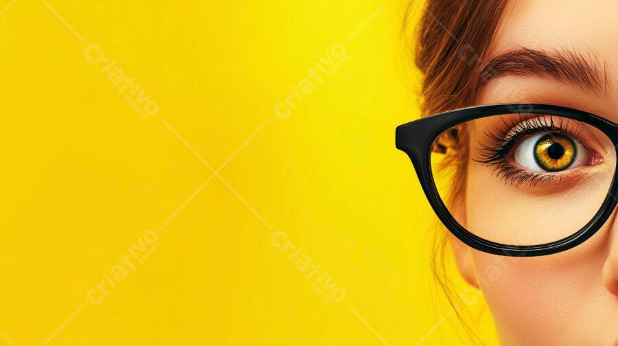 Foto Olho Feminino com Óculos Fundo Amarelo Vibrante