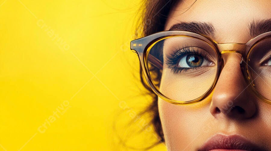 Foto Retrato Mulher Óculos Fundo Amarelo Espaço Copiar