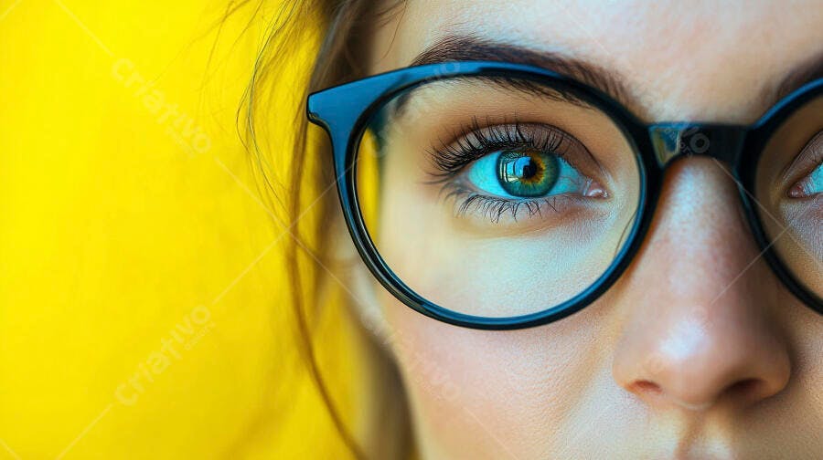 Foto Olho Feminino com Óculos Foco Detalhe na Íris Verde