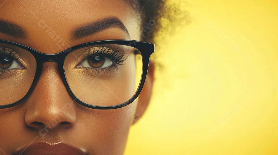 Foto Mulher Negra Óculos Olhar Foco Fundo Amarelo