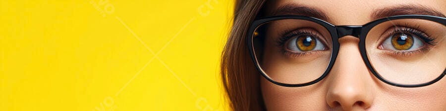 Foto Mulher Jovem Olhos Castanhos Óculos Fundo Amarelo