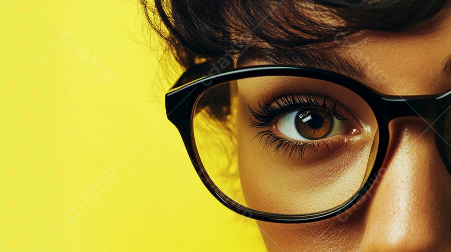 Foto Close Up Olho Feminino Óculos Fundo Amarelo Vibrante