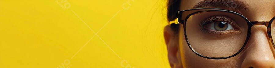 Foto Olho Mulher Óculos Fundo Amarelo Close-up