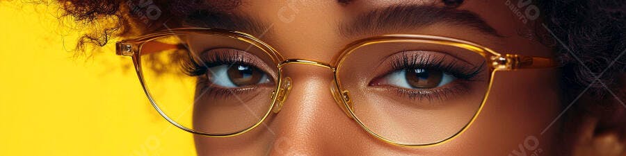 Foto Mulher Negra Olhos Óculos Dourados Fundo Amarelo
