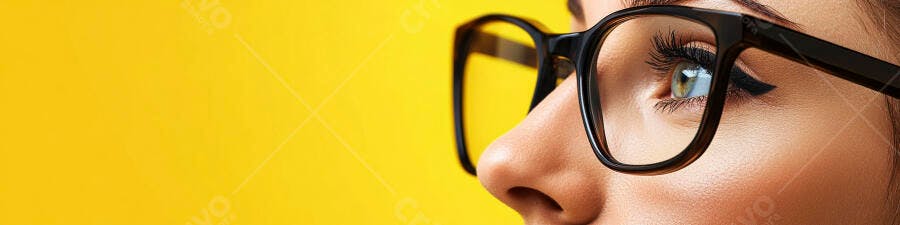 Foto Olho Feminino Óculos Fundo Amarelo Brilhante