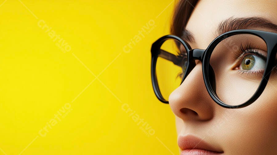 Foto Mulher Jovem Olhando Cima Óculos Fundo Amarelo Estúdio