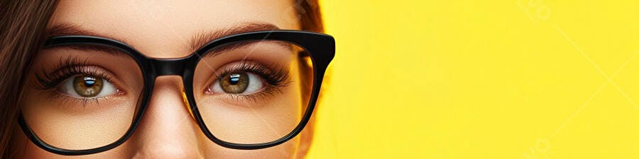Foto Olhos Mulher Óculos Fundo Amarelo Espaço para Texto