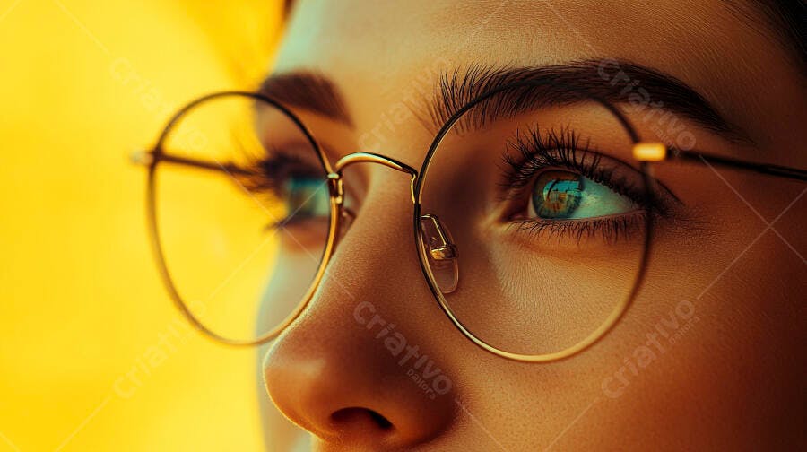 Foto Close-up Olhos Mulher Óculos Redondos Dourados Fundo Amarelo