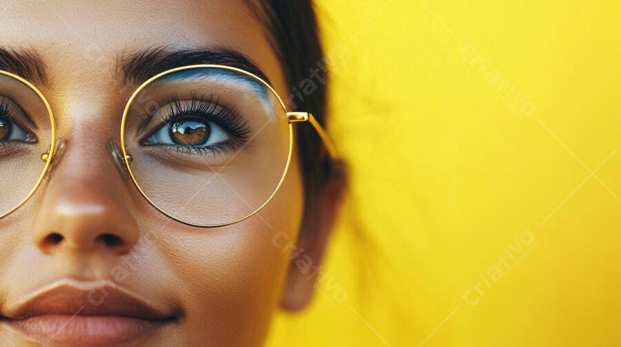 Mulher jovem com óculos dourados redondos em fundo amarelo vibrante
