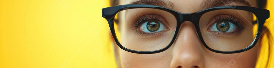 Mulher com óculos de armação preta e olhos castanhos em fundo amarelo vibrante