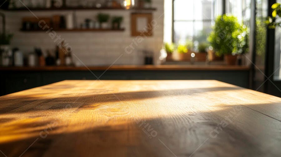 Foto Mesa de Madeira Vazia Cozinha Moderna Iluminação Natural