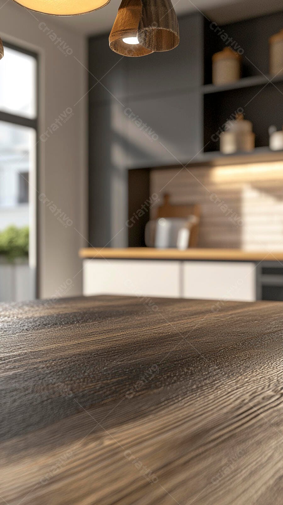 Foto Mesa de Madeira Vazia Cozinha Moderna Iluminação Natural
