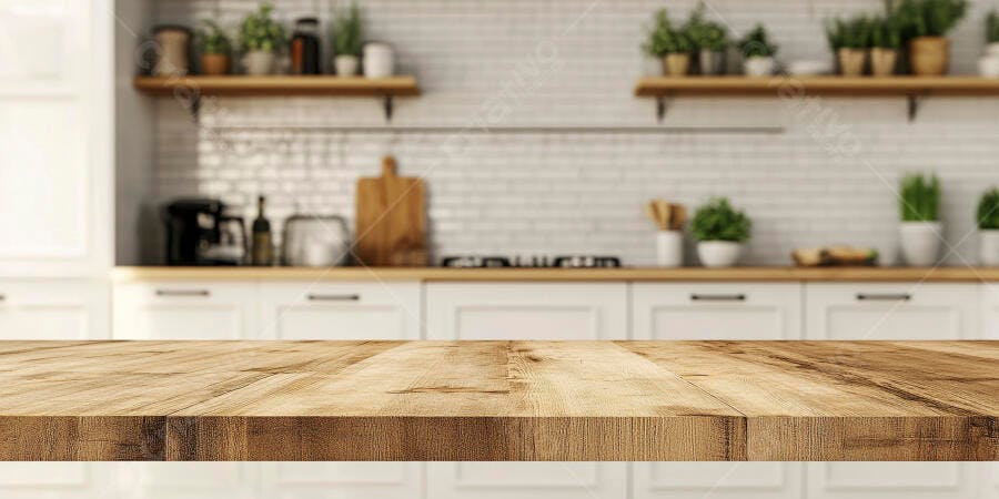 Foto Bancada de Madeira Cozinha Moderna Fundo Desfocado