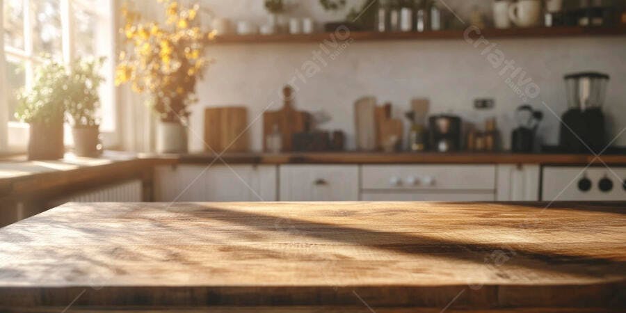 Foto Bancada de Cozinha Madeira Rústica Luz Natural Manhã
