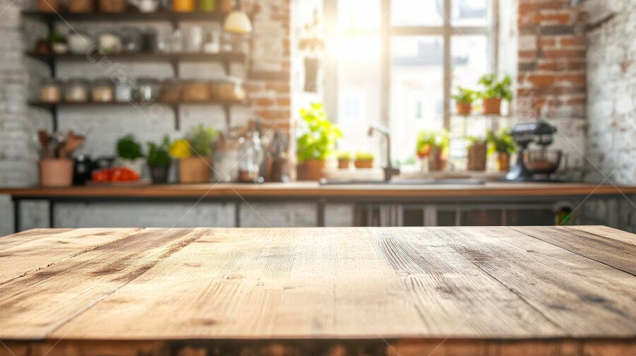 Foto Mesa de Madeira Vazia Cozinha Rústica Fundo Desfocado Luz Natural