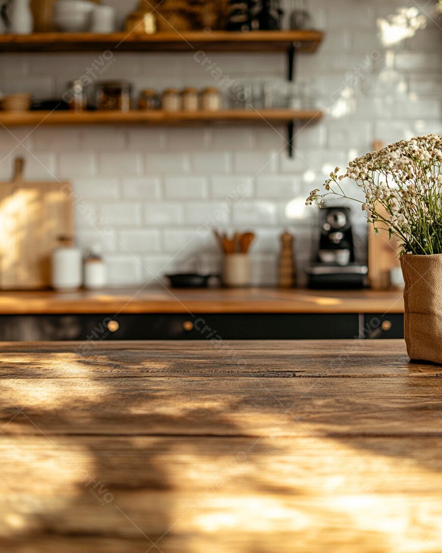 Cozinha moderna com bancada de madeira e flores brancas à luz do sol