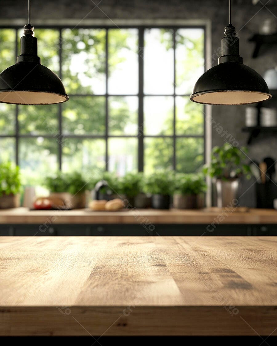 Bancada de madeira vazia em cozinha moderna com vista verde e luz natural