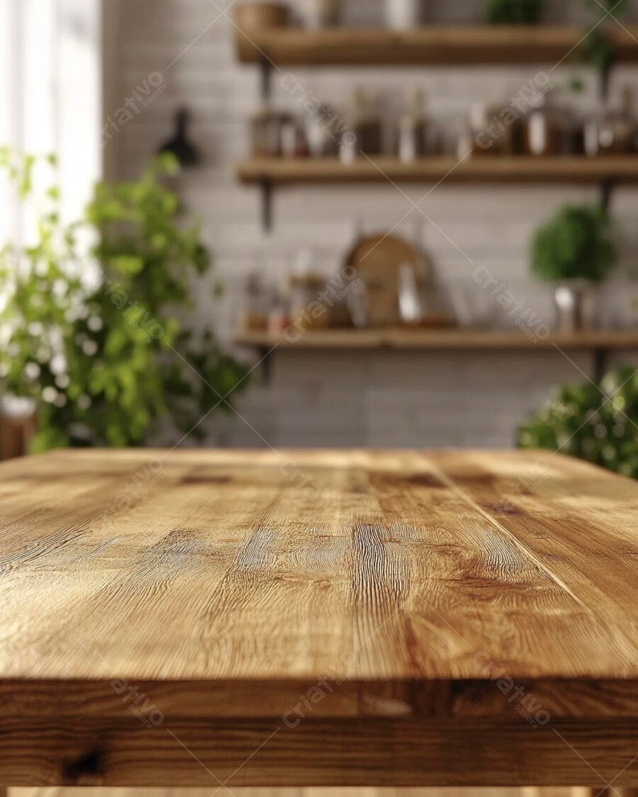 Foto Mesa de Madeira Vazia Cozinha Rústica Fundo Desfocado
