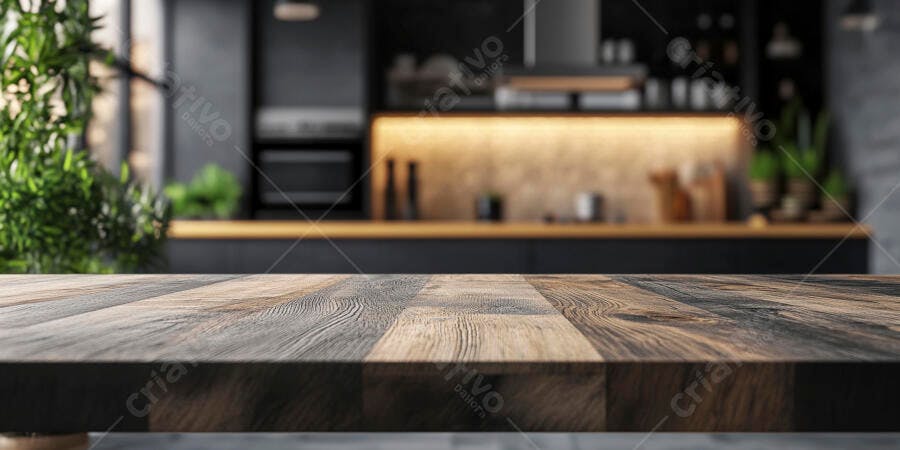 Foto Bancada de Madeira Rústica Cozinha Moderna Fundo Desfocado