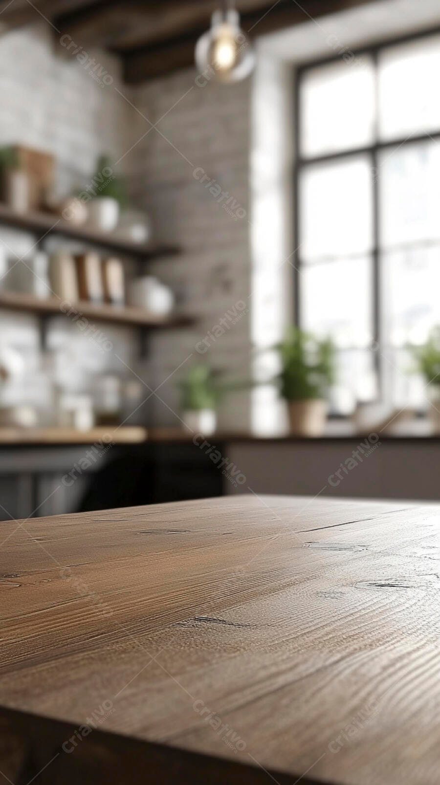 Foto Mesa de Madeira Vazia Fundo Desfocado Cozinha