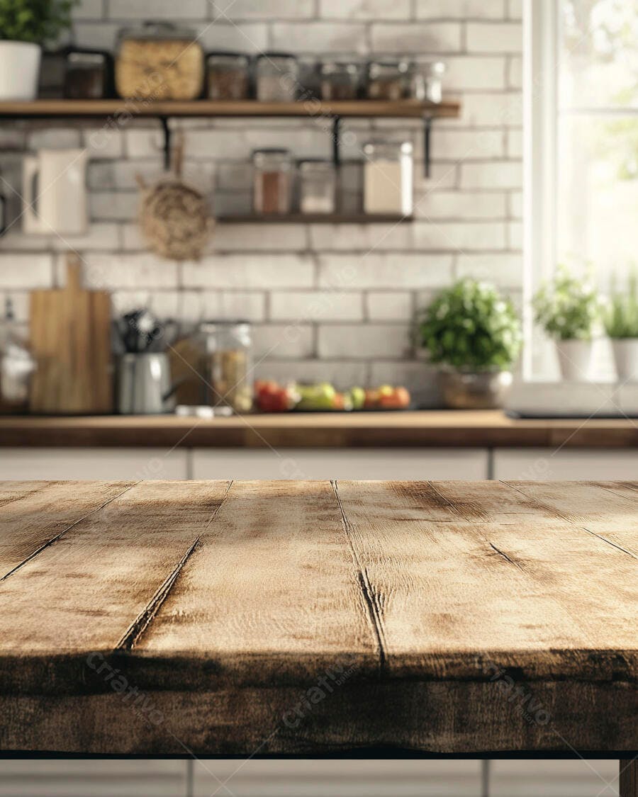 Foto Mesa de Madeira Rústica Cozinha Fundo Desfocado