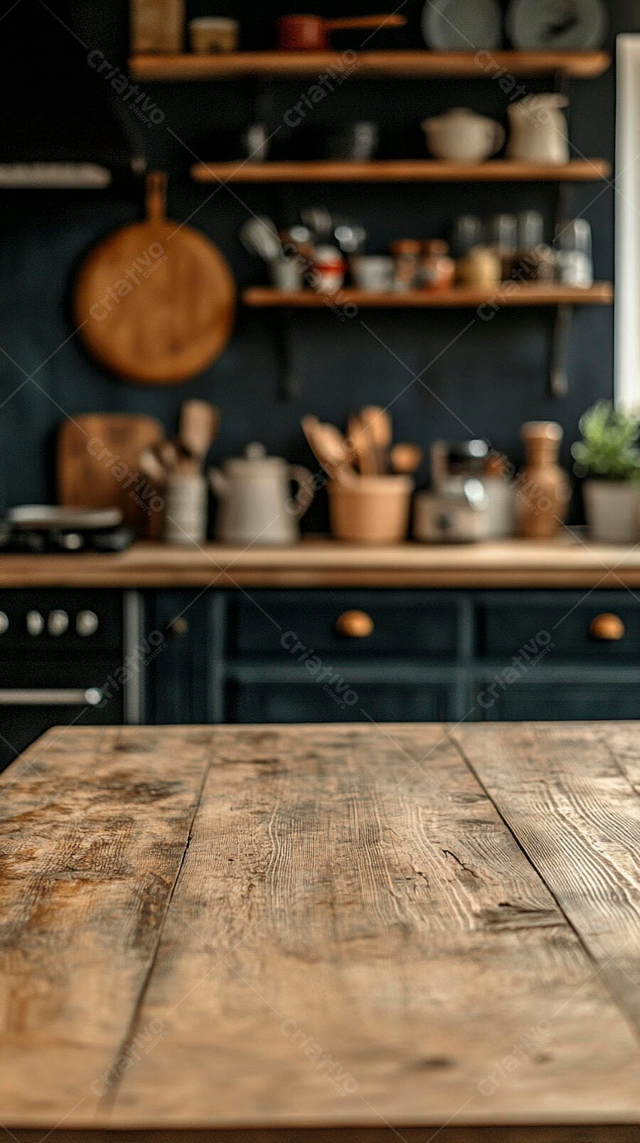 Foto Bancada Madeira Rústica Cozinha Fundo Desfocado