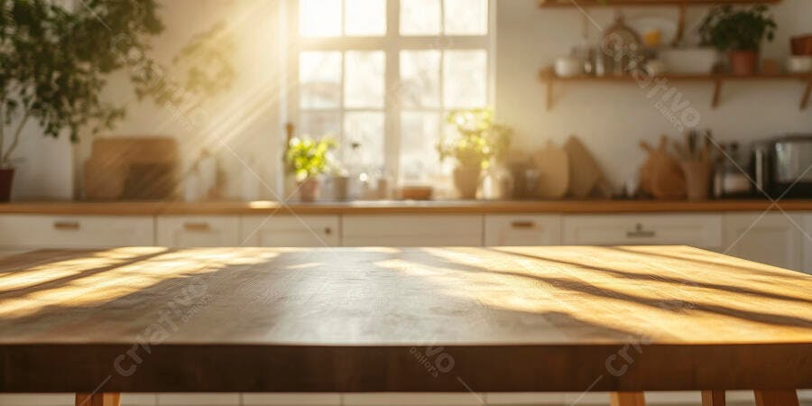 Foto Mesa de Madeira Vazia Cozinha Iluminada Sol Manhã
