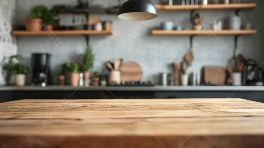 Foto Mesa de Madeira Vazia Cozinha Moderna Fundo Desfocado