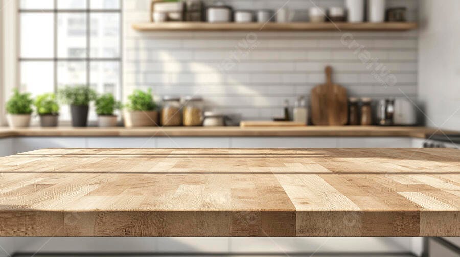 Foto Bancada de Madeira Cozinha Moderna Fundo Desfocado