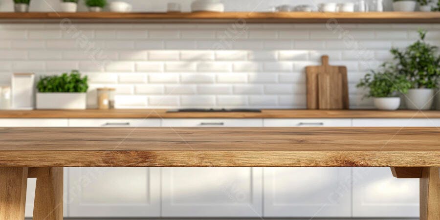 Foto Bancada de Madeira Cozinha Moderna Fundo Desfocado