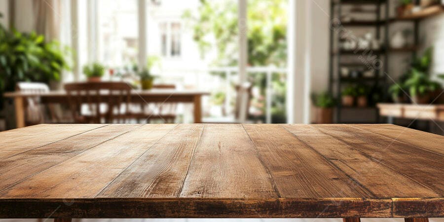 Foto Mesa de Madeira Rústica Vazia Fundo Desfocado Janela