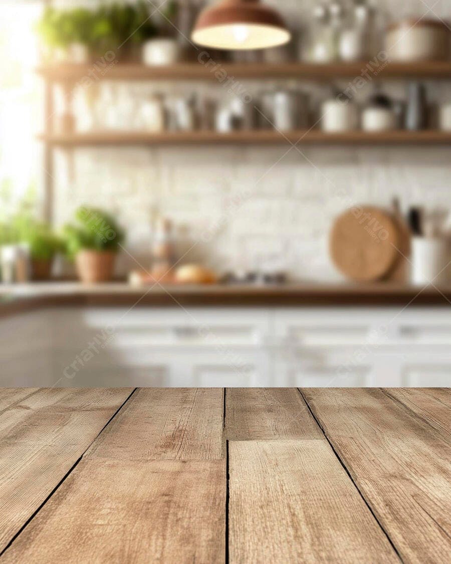 Foto Mesa de Madeira Cozinha Fundo Desfocado Iluminação Natural