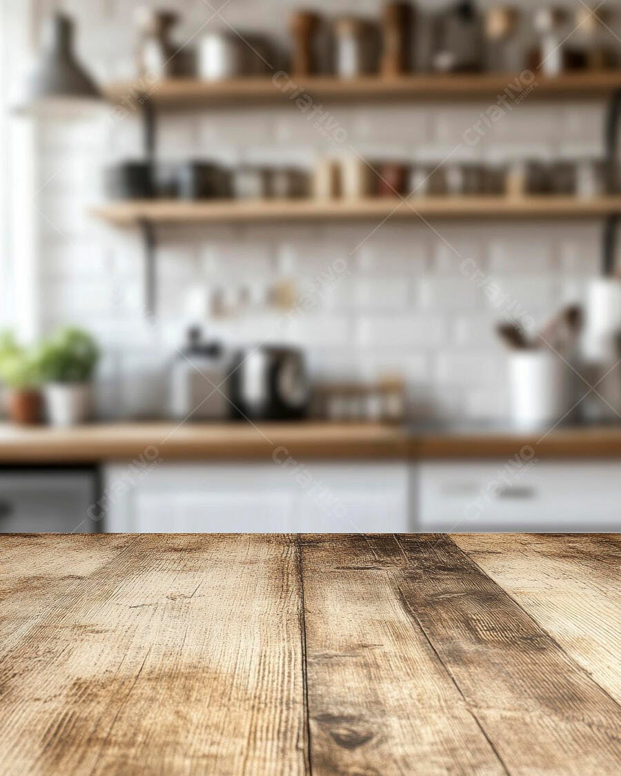 Foto Mesa de Madeira Rústica Cozinha Moderna Fundo Desfocado