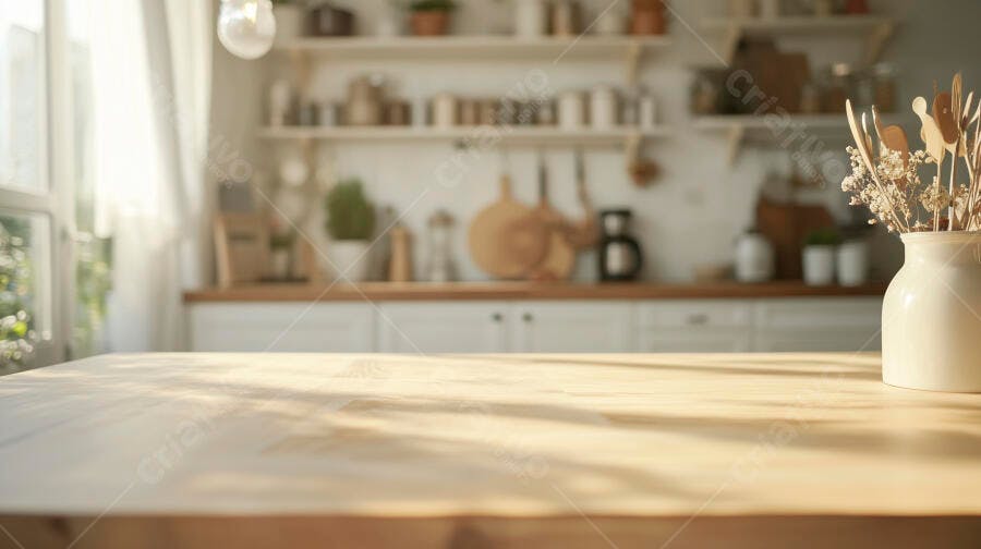 Foto Bancada de Cozinha Vazia Iluminação Natural Fundo Desfocado