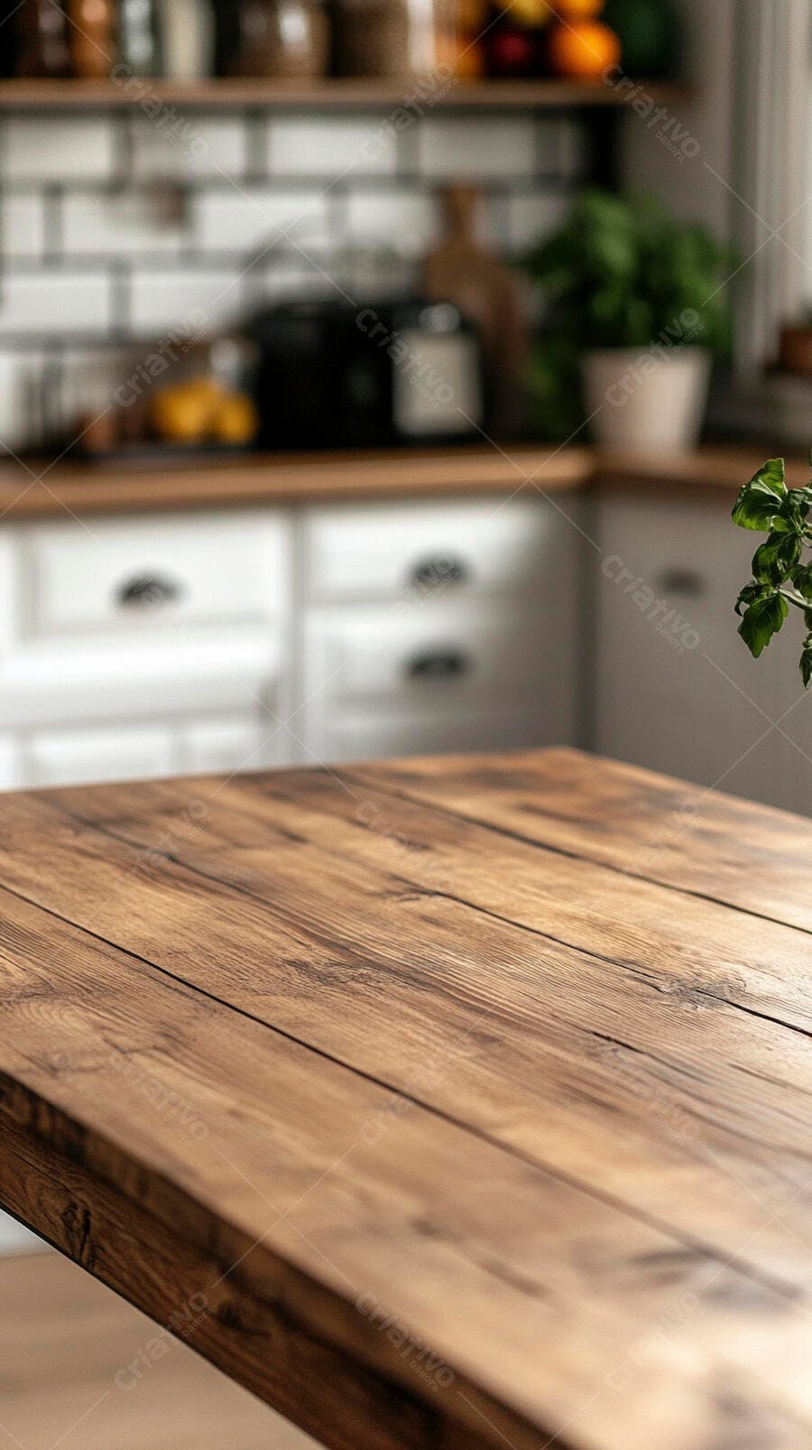 Foto Mesa de Madeira Rústica Cozinha Moderna Fundo Desfocado