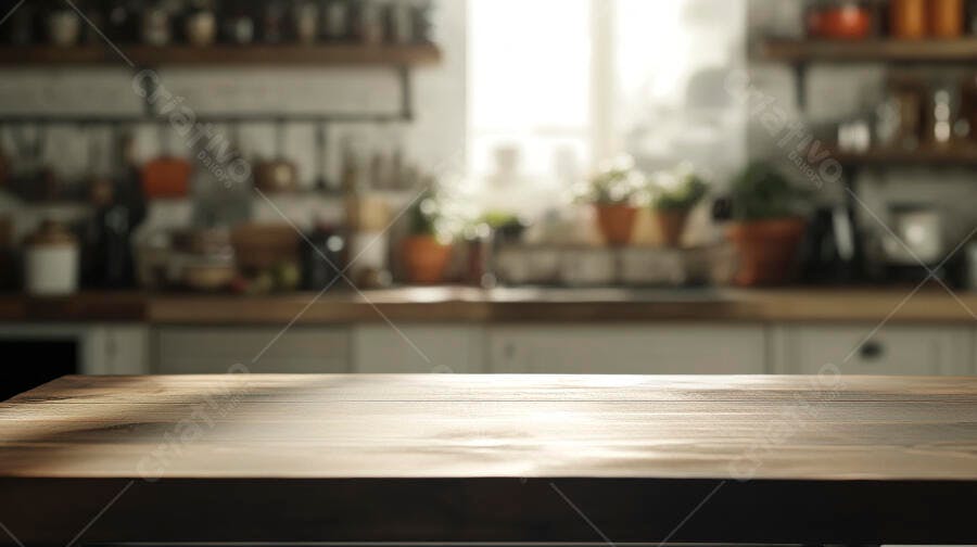 Foto Fundo Cozinha Rústica com Mesa de Madeira Vazia