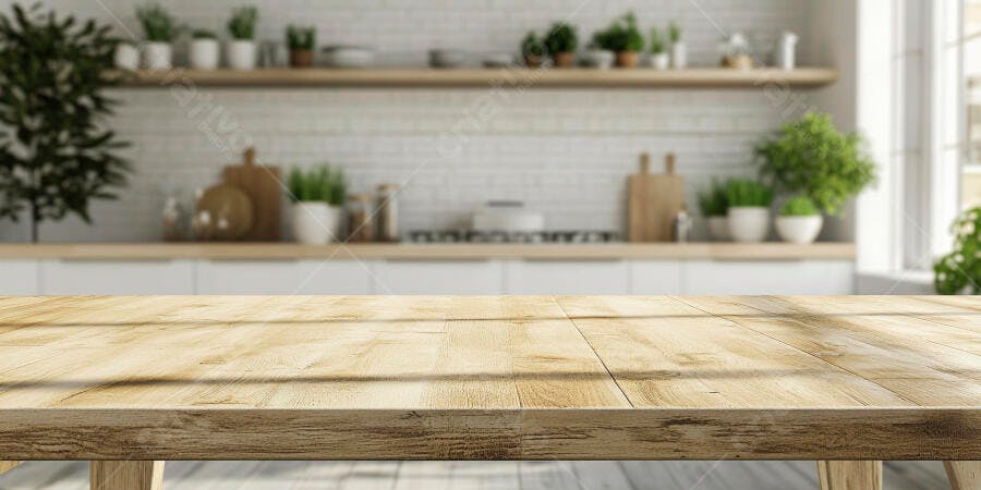 Foto Mesa de Madeira Vazia Cozinha Moderna Fundo Desfocado