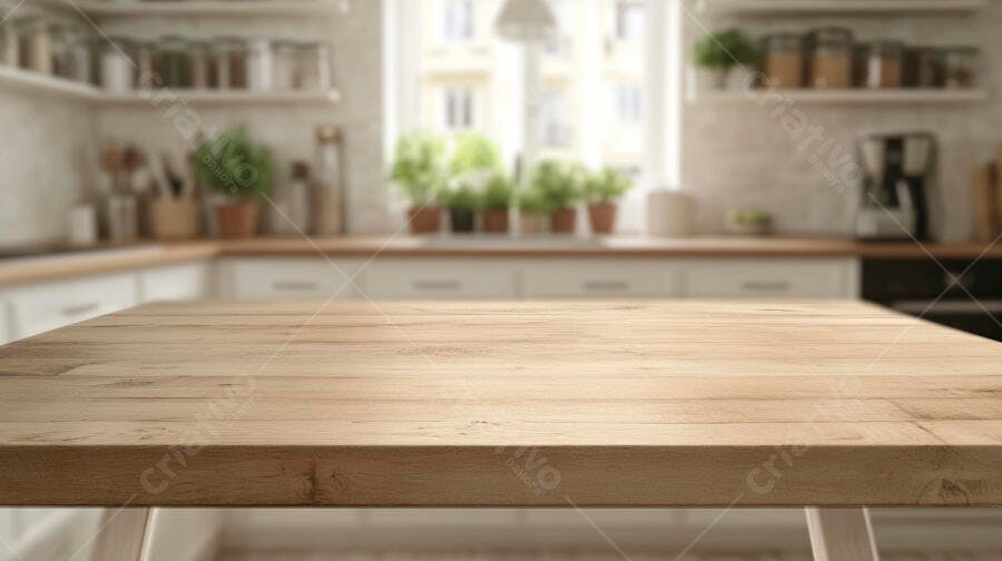 Foto Mesa de Madeira Vazia Cozinha Moderna Fundo Desfocado